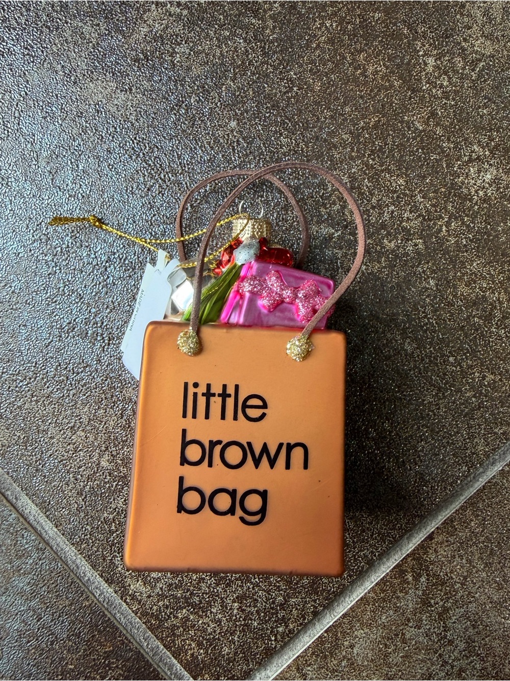 Bloomingdale's Little Brown Bag Ornament in Brown with Pink Accents